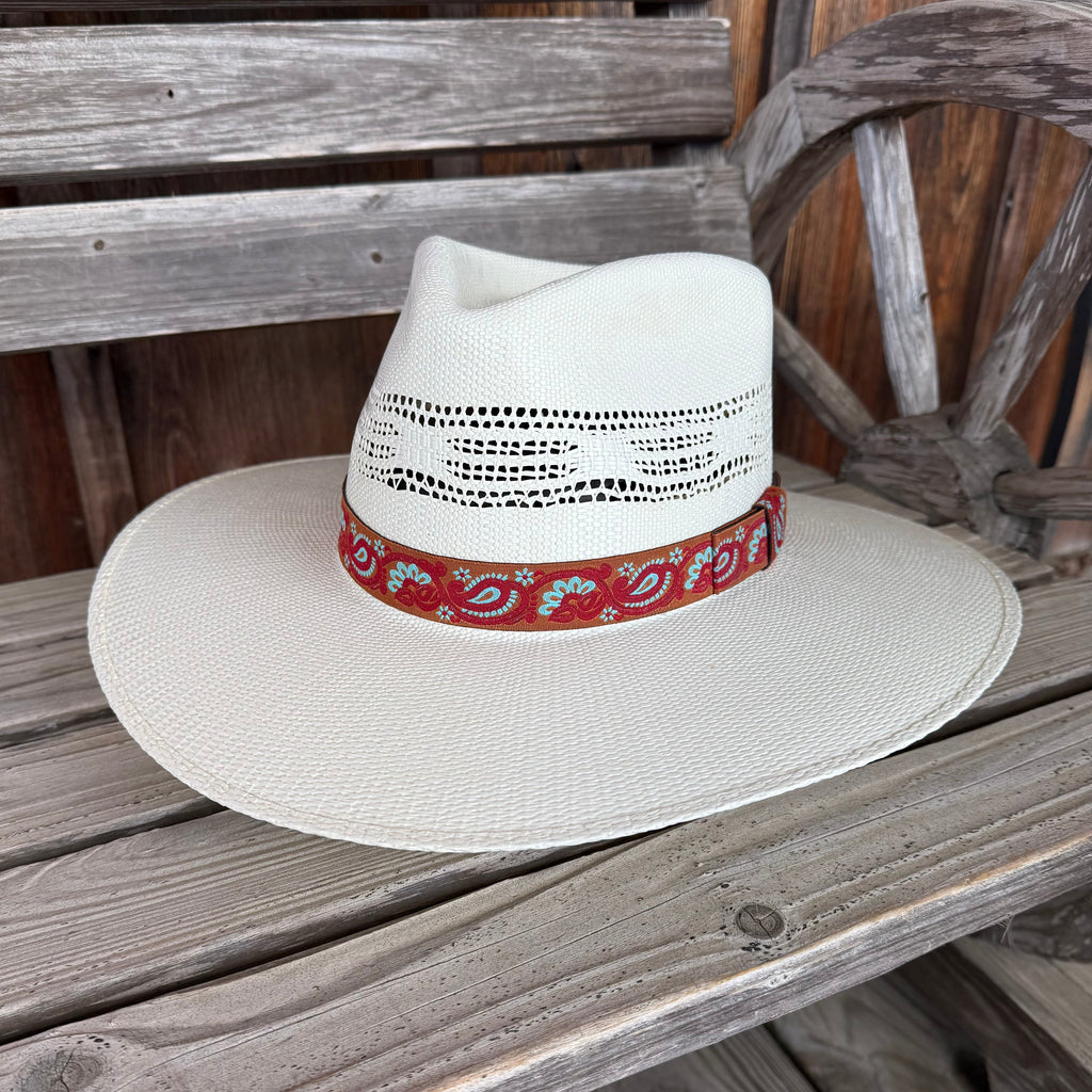 Twister Pinched Front Vented Straw Cowboy Hat – Natural White | Red Paisley Band