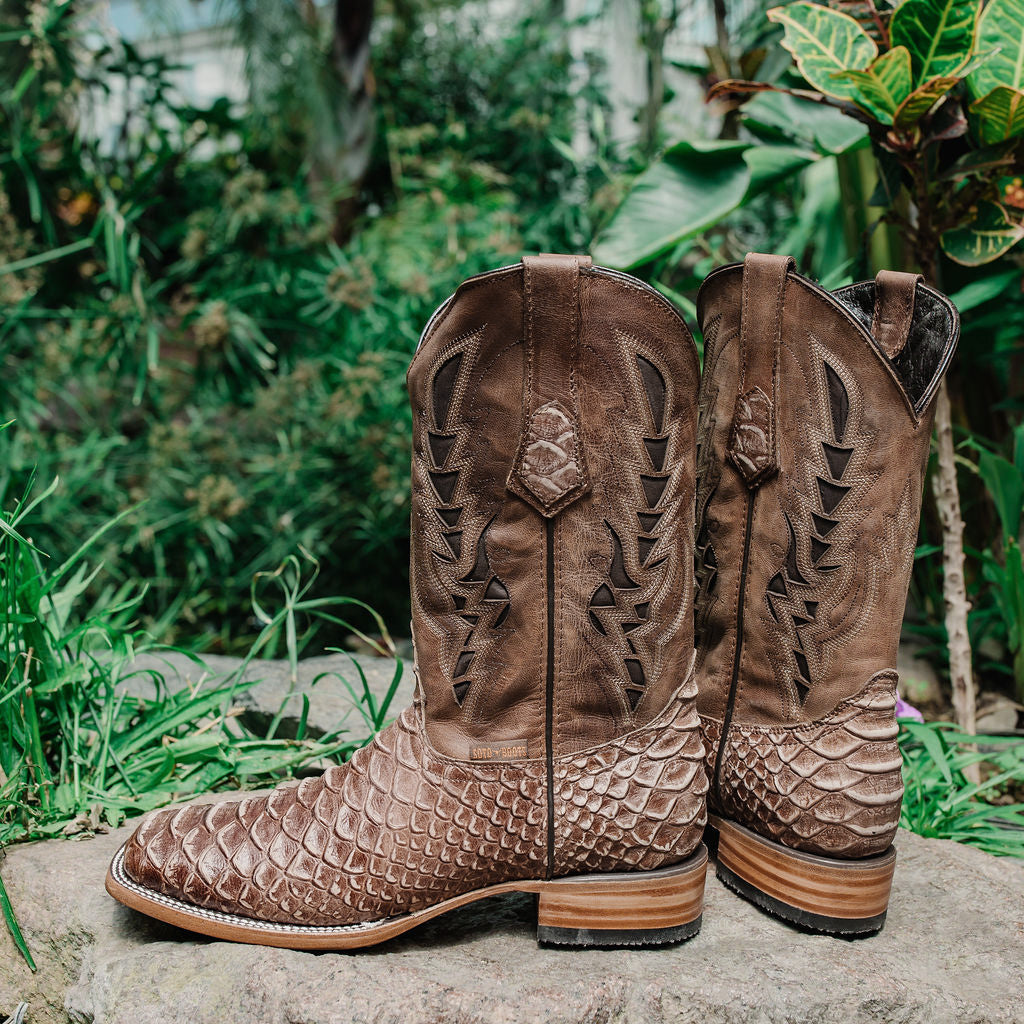 Soto Boots Men's Python Print Cowboy Boots – Tan Leather | Square Toe | Goodyear Welt