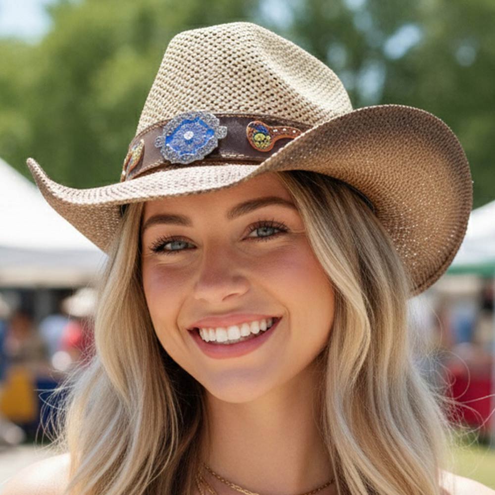 Boho Two-Tone Rhinestone Studded Western Straw Hat