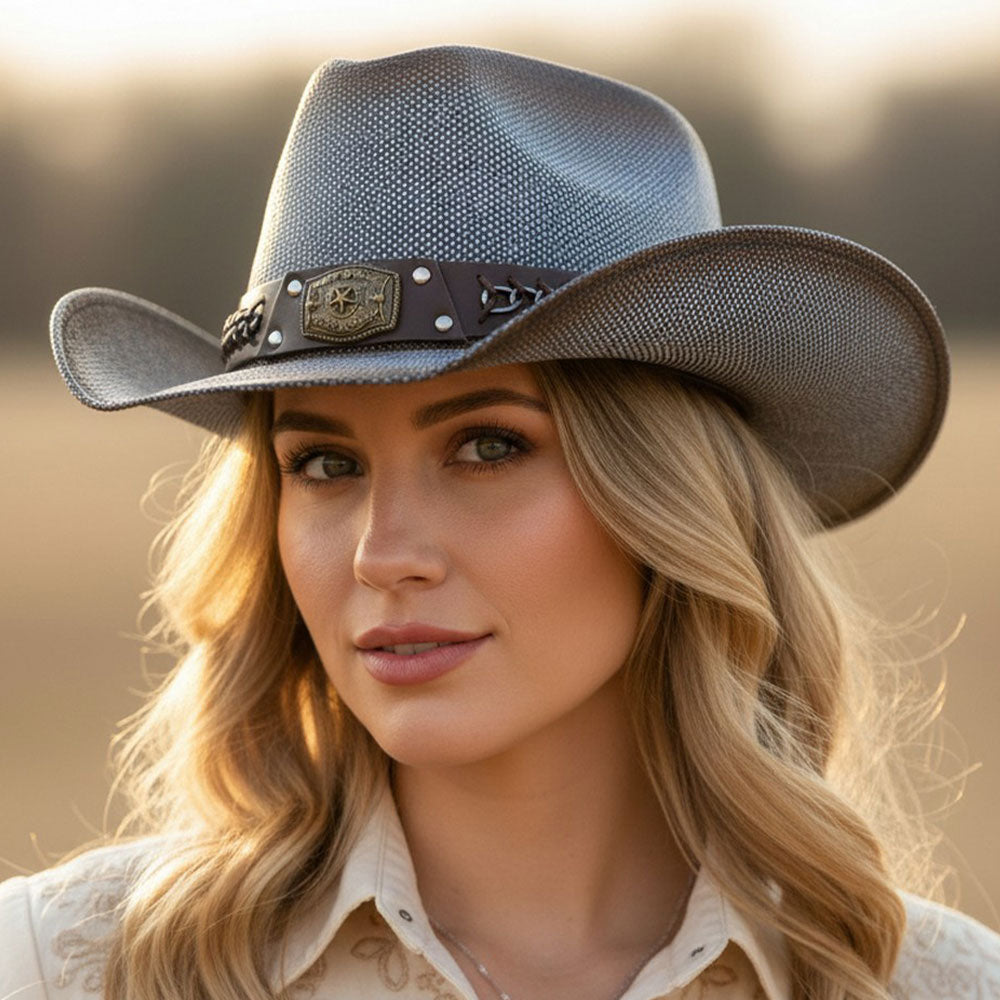 Copper Spur Rustic Star Concho Belt Accent Straw Cowboy Hat