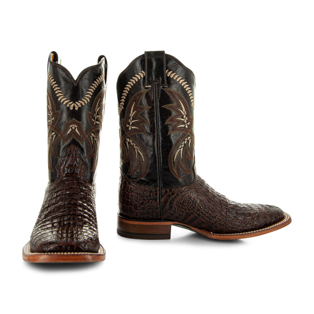 Soto Boots Men's Caiman Belly Print Cowboy Boots – Brown Leather | Broad Square Toe | Goodyear Welt