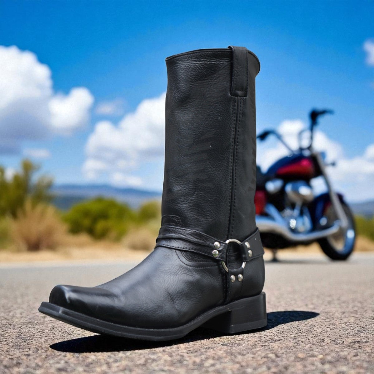 Soto Boots Eagle Rider Men's Harness Biker Boots – Black Leather | Square Toe | Goodyear Welt