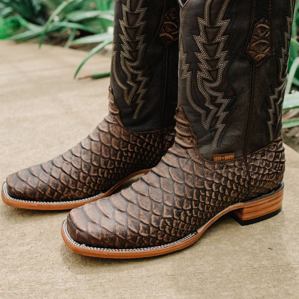 Soto Boots Men's Python Print Cowboy Boots – Brown Leather | Square Toe | Goodyear Welt