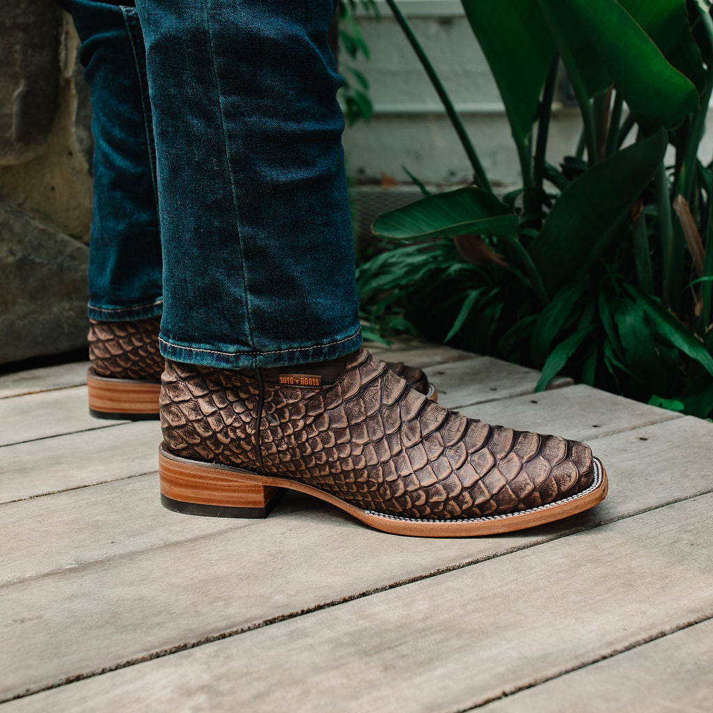 Soto Boots Men's Python Print Cowboy Boots – Brown Leather | Square Toe | Goodyear Welt