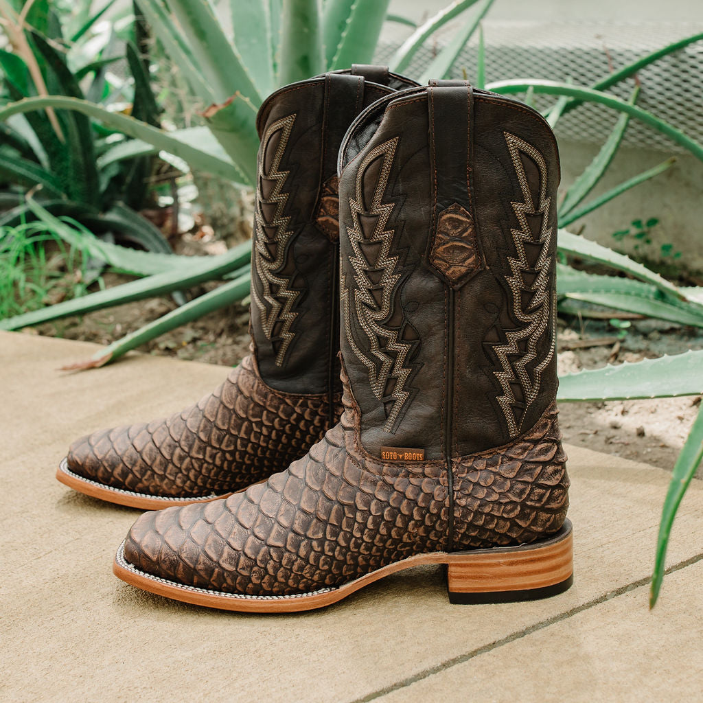 Soto Boots Men's Python Print Cowboy Boots – Brown Leather | Square Toe | Goodyear Welt