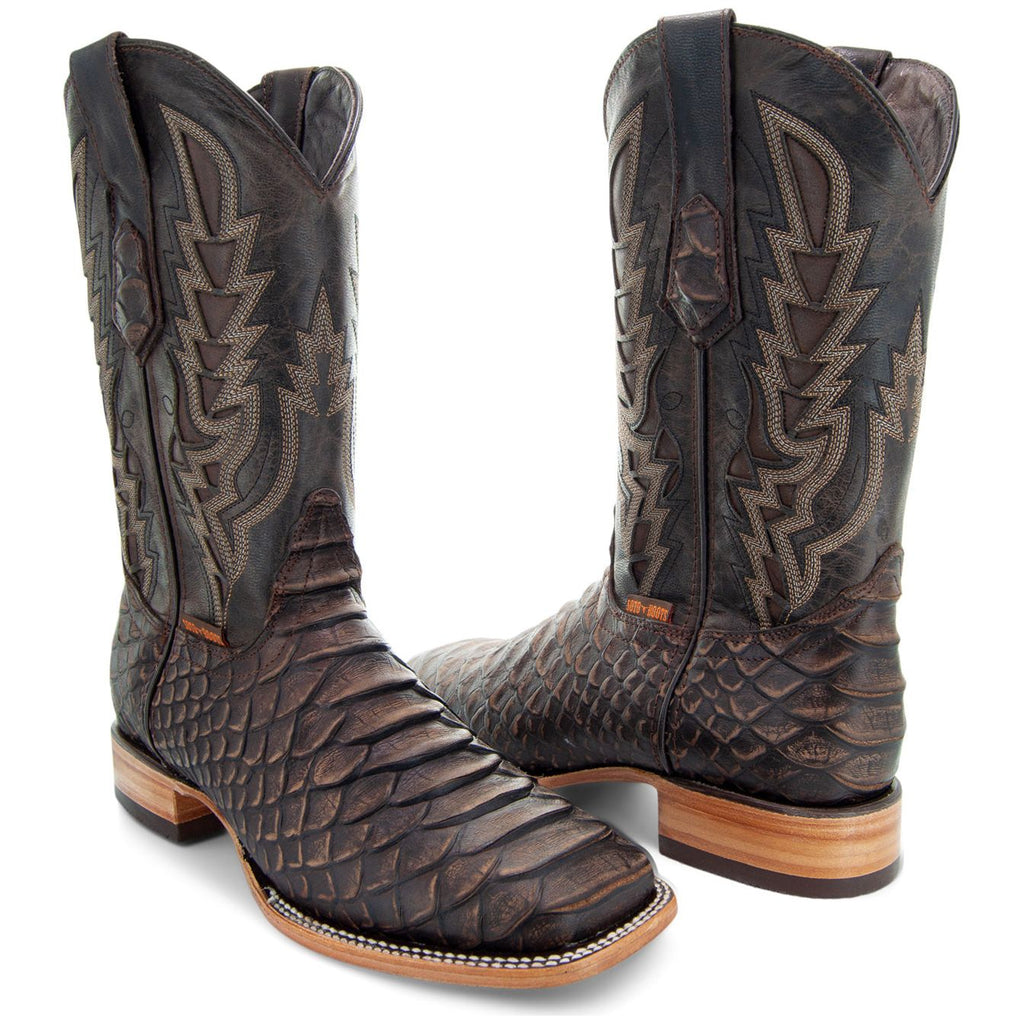 Soto Boots Men's Python Print Cowboy Boots – Brown Leather | Square Toe | Goodyear Welt