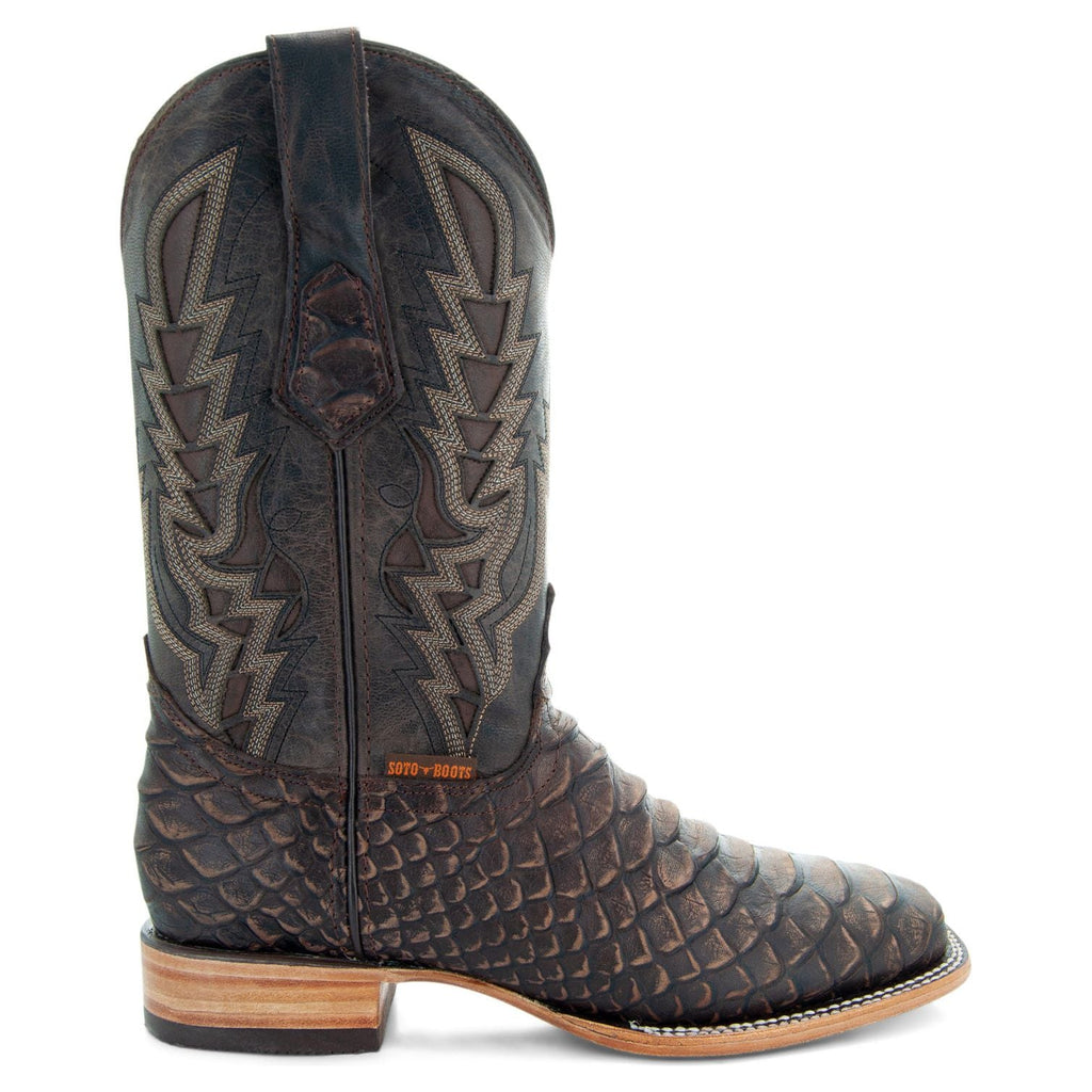 Soto Boots Men's Python Print Cowboy Boots – Brown Leather | Square Toe | Goodyear Welt