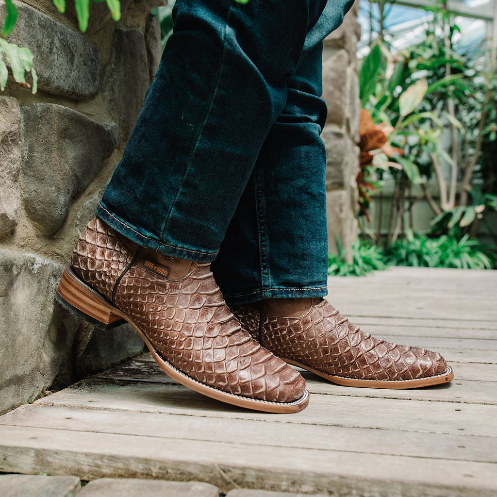 Soto Boots Men's Python Print Cowboy Boots – Tan Leather | Square Toe | Goodyear Welt