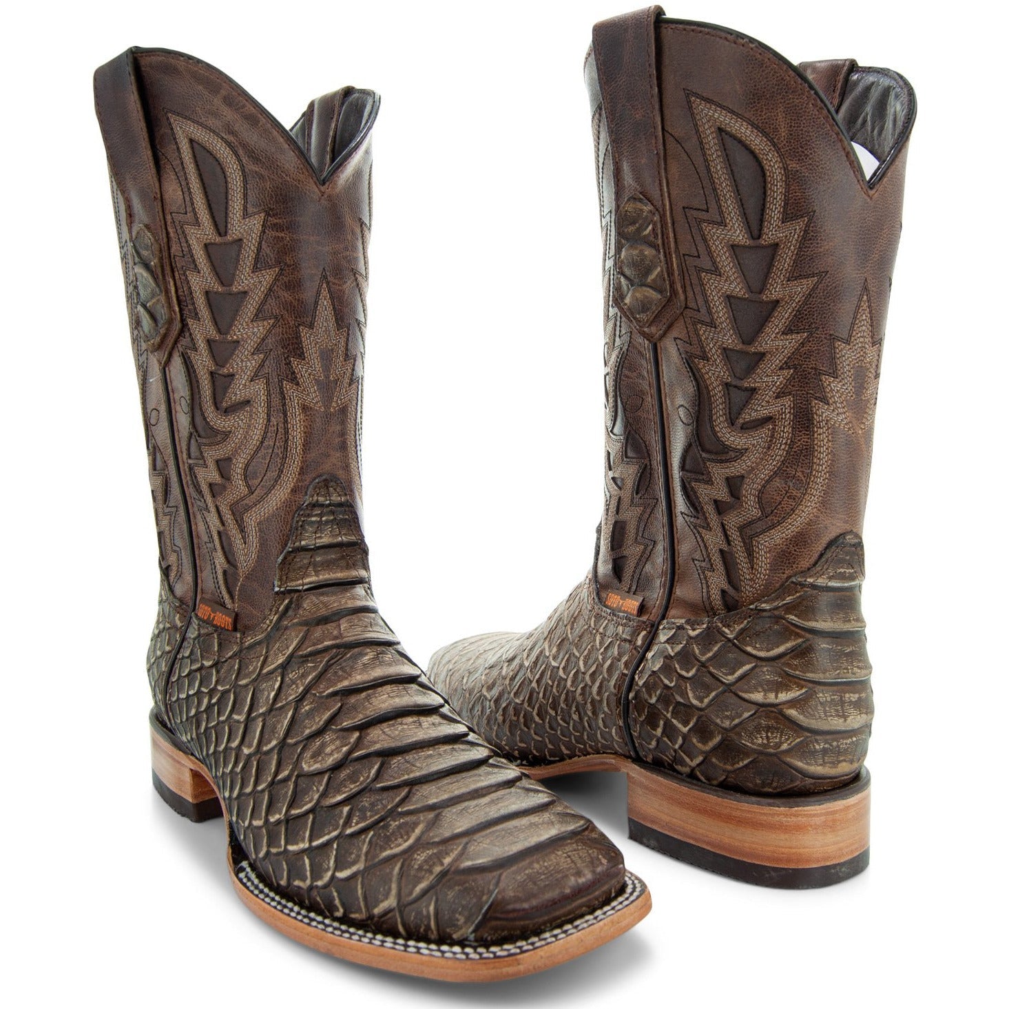 Soto Boots Men's Python Print Cowboy Boots – Tan Leather | Square Toe | Goodyear Welt