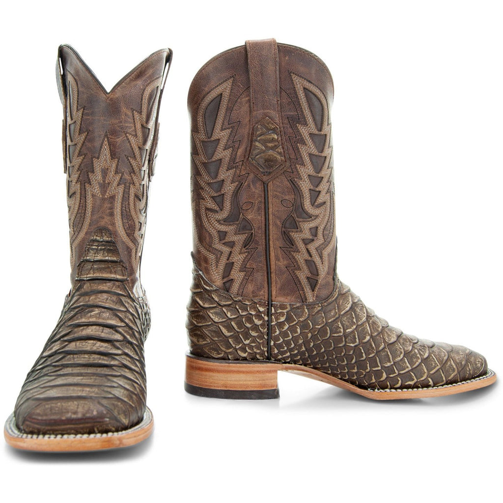 Soto Boots Men's Tan Python Print Square Toe Cowboy Boots
