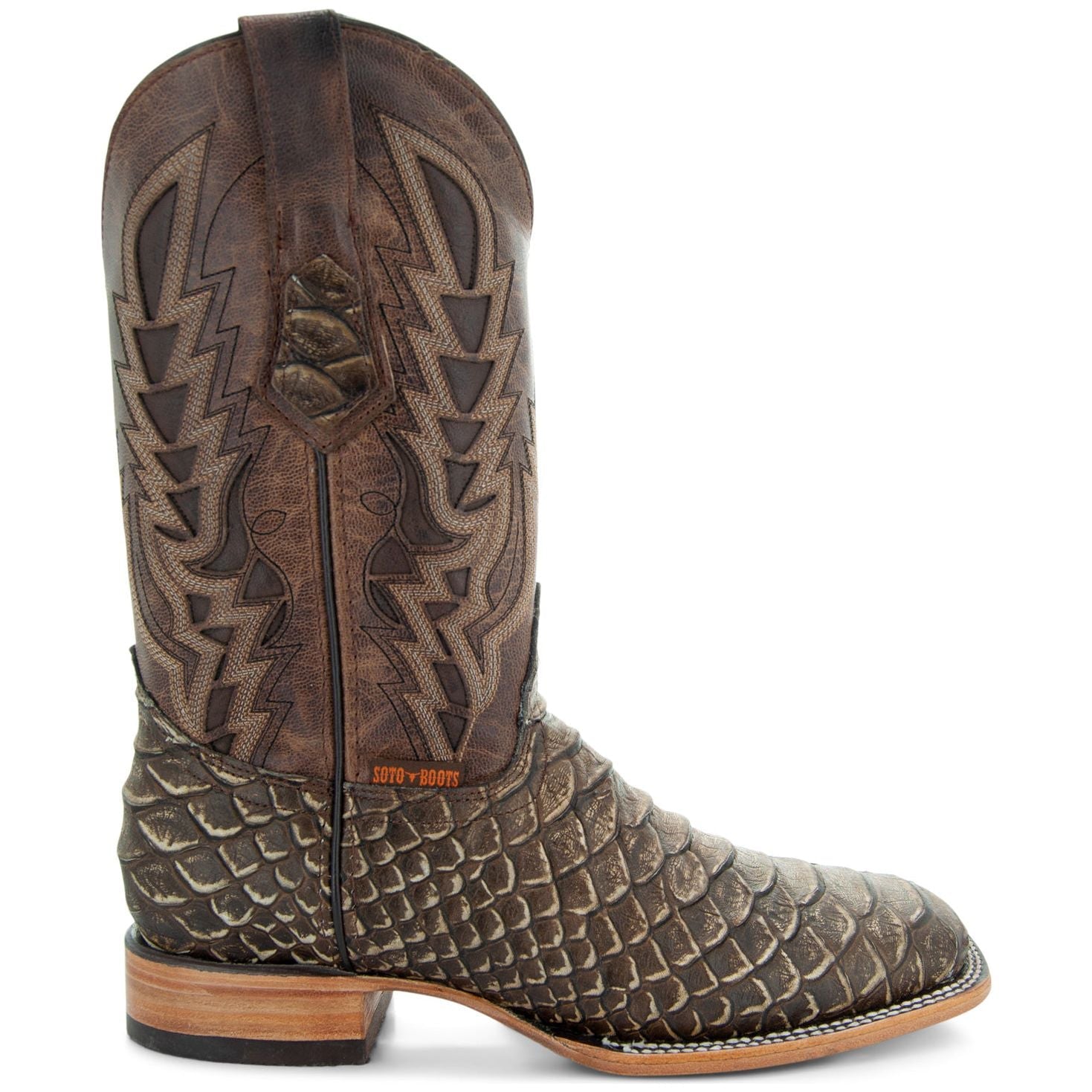 Soto Boots Men's Python Print Cowboy Boots – Tan Leather | Square Toe | Goodyear Welt