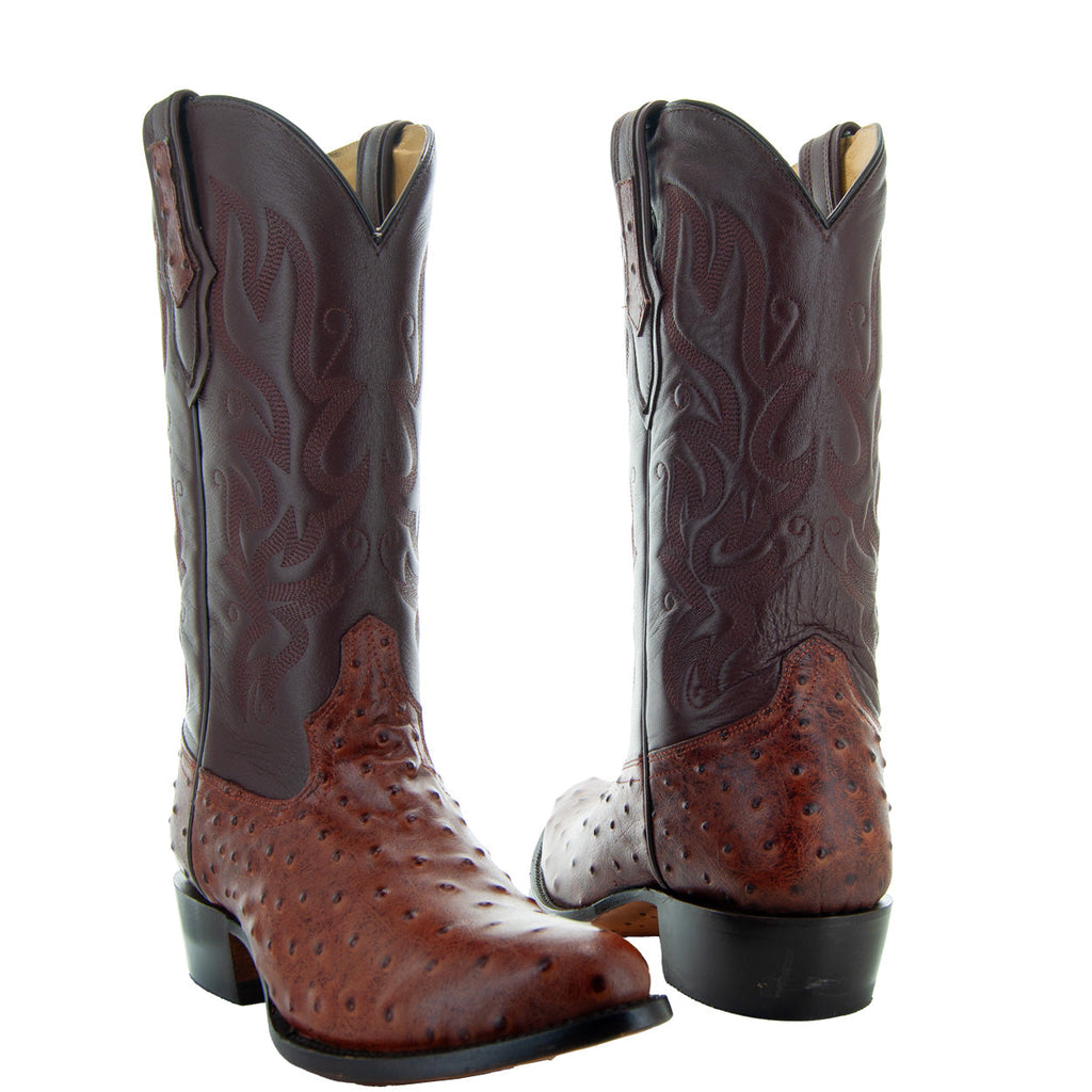 Soto Boots Men's Cognac Ostrich Print Cowboy Boot – Round Toe | H7002