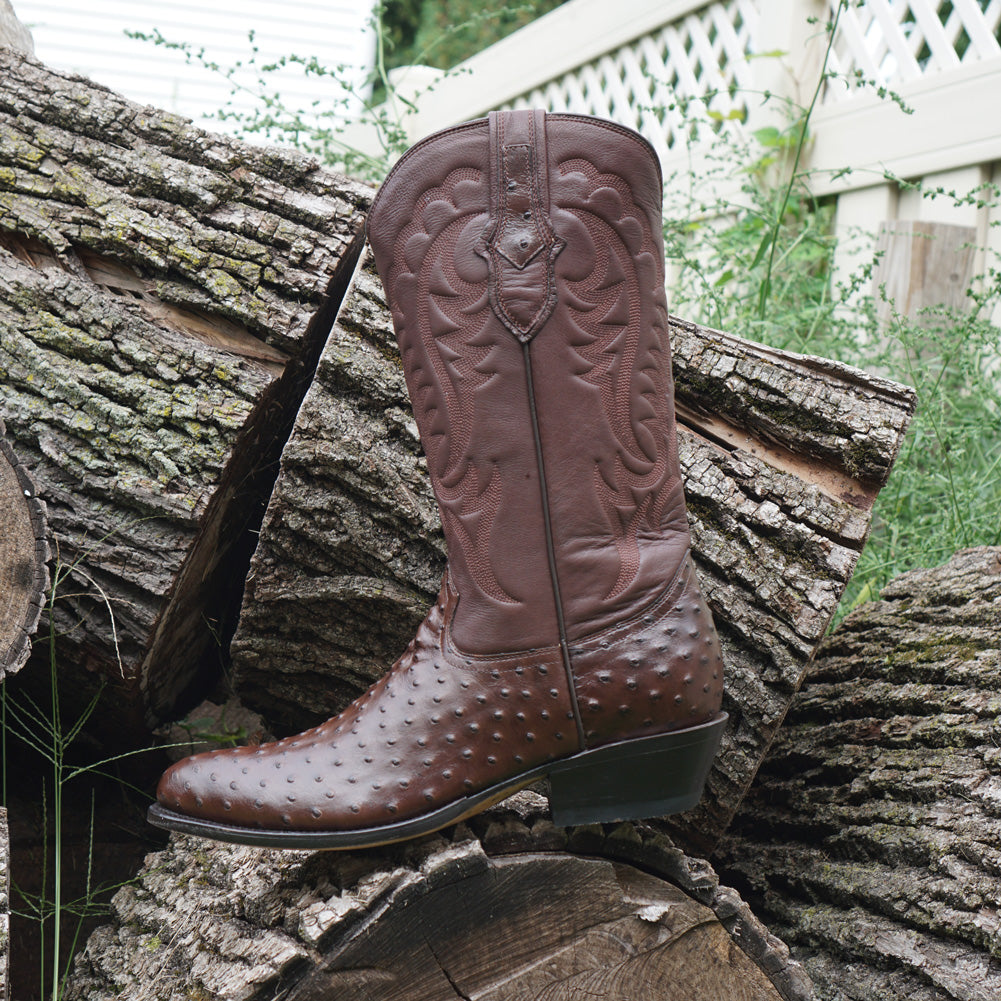 Soto Boots Men's Ostrich Print Dress Cowboy Boots – Brown Leather | Round Toe | Goodyear Welt