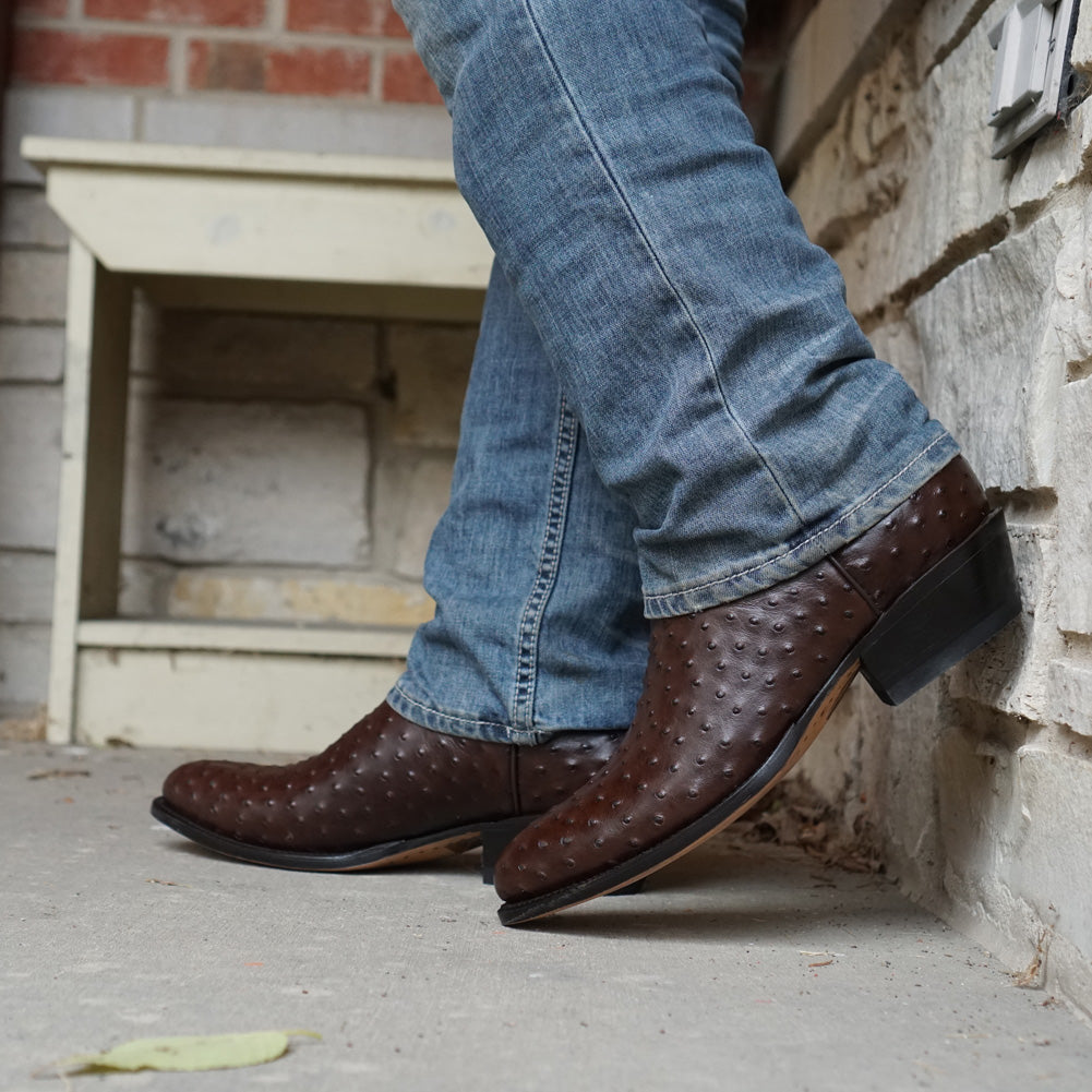 Soto Boots Men's Ostrich Print Dress Cowboy Boots – Brown Leather | Round Toe | Goodyear Welt