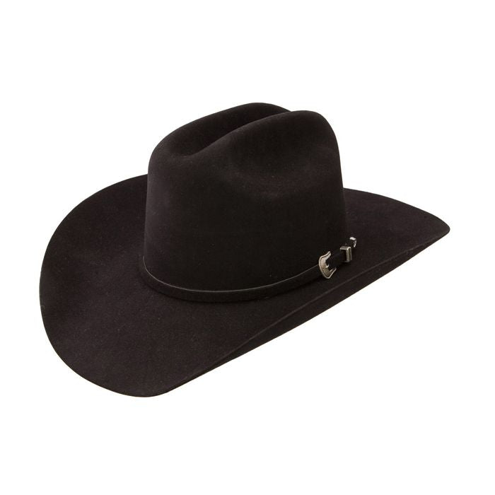 Black cowboy hat with a silver buckle on a white background