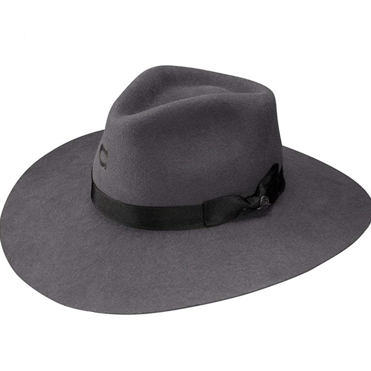 Gray fedora hat with a black ribbon on a white background