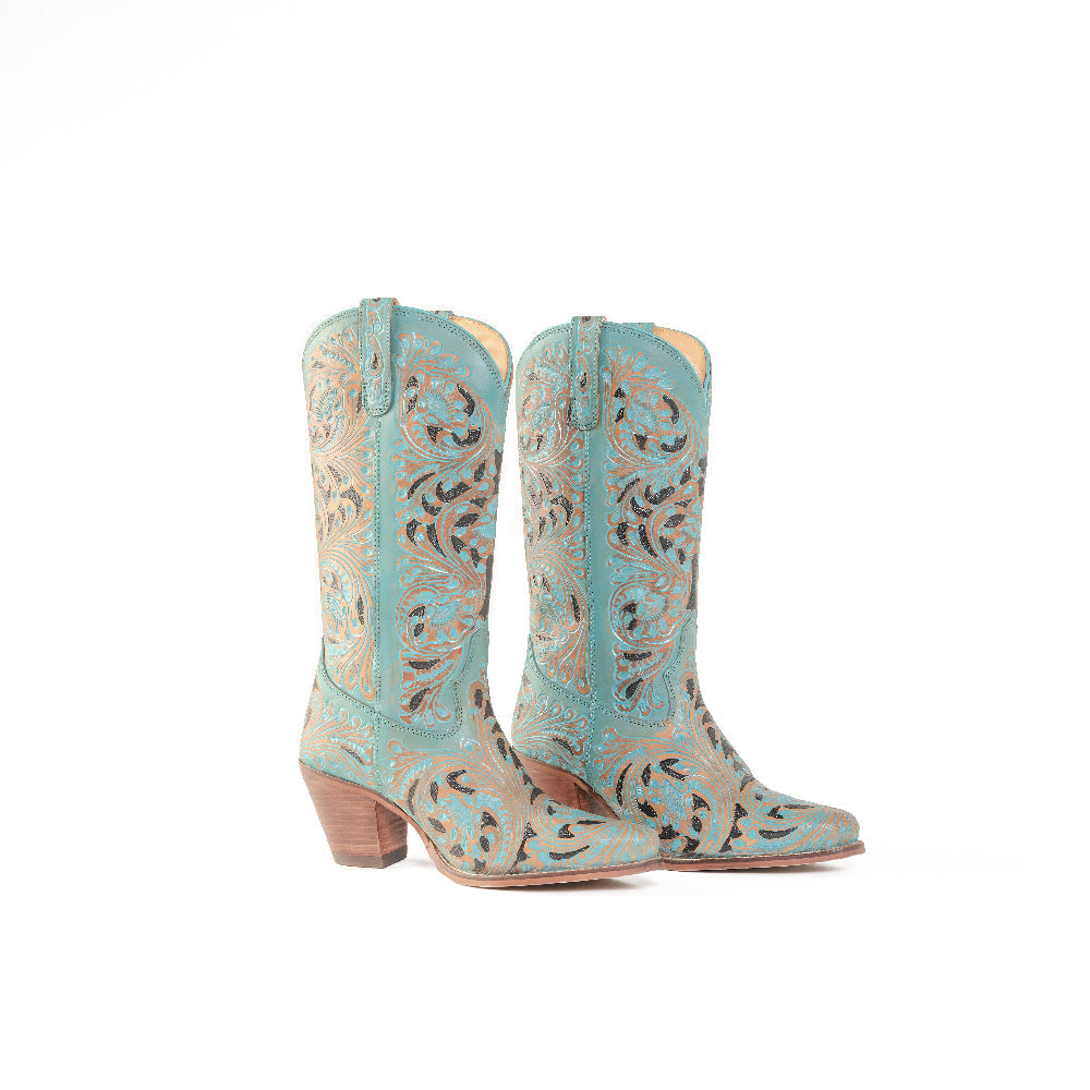Myra Kasiopeah Women's Turquoise Hand-Tooled Cowgirl Boots – Snip Toe | Genuine Leather