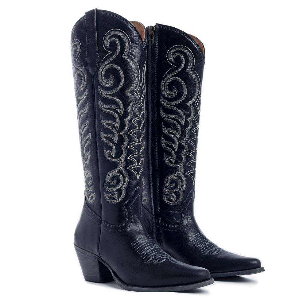 Myra Nalejandra Ebony Black Leather Tall Western Boots