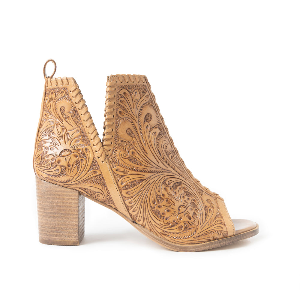 Myra Persimmonee Embossed Leather Heels | Peep-Toe Block