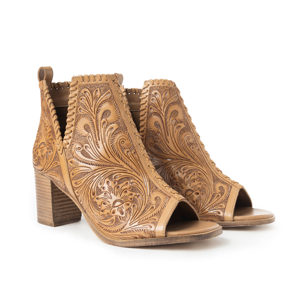 Myra Persimmonee Embossed Leather Heels | Peep-Toe Block