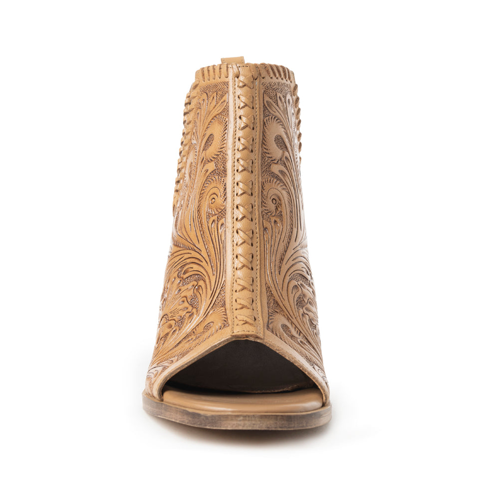 Myra Persimmonee Embossed Leather Heels | Peep-Toe Block