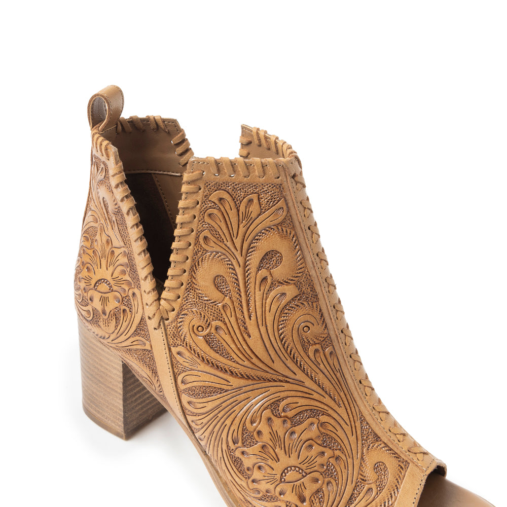 Myra Persimmonee Embossed Leather Heels | Peep-Toe Block