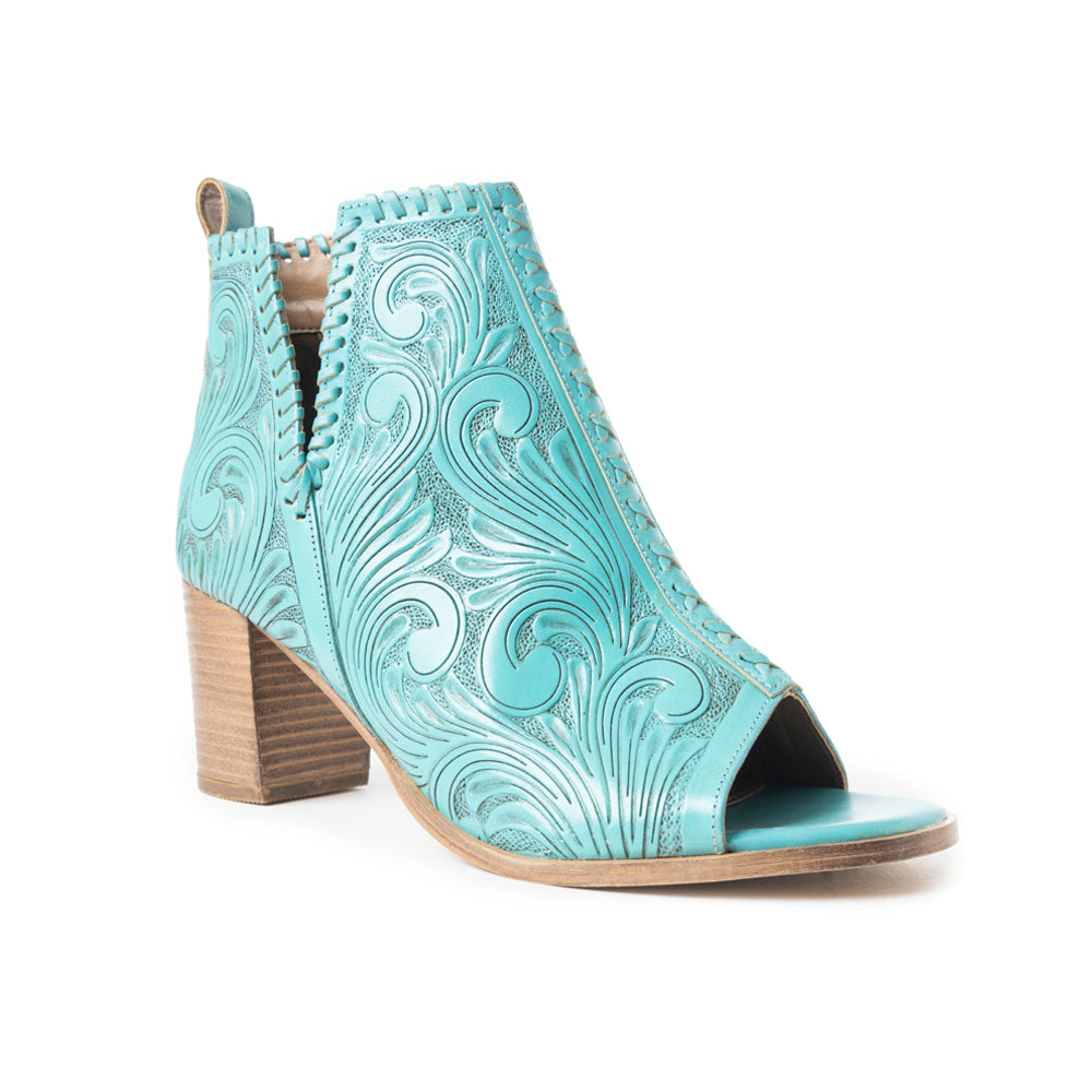 Myra Persimmonee Women's Handtooled Leather Peep-Toe Heels – Floral Embossed | Block Heel