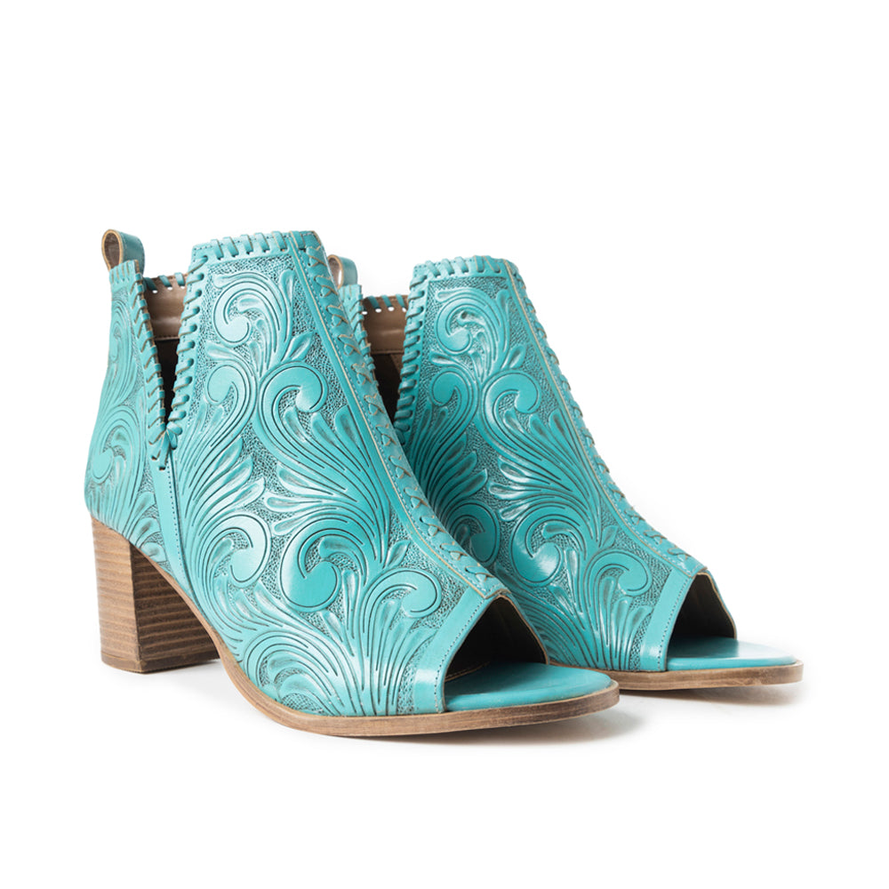 Myra Persimmonee Women's Handtooled Leather Peep-Toe Heels – Floral Embossed | Block Heel