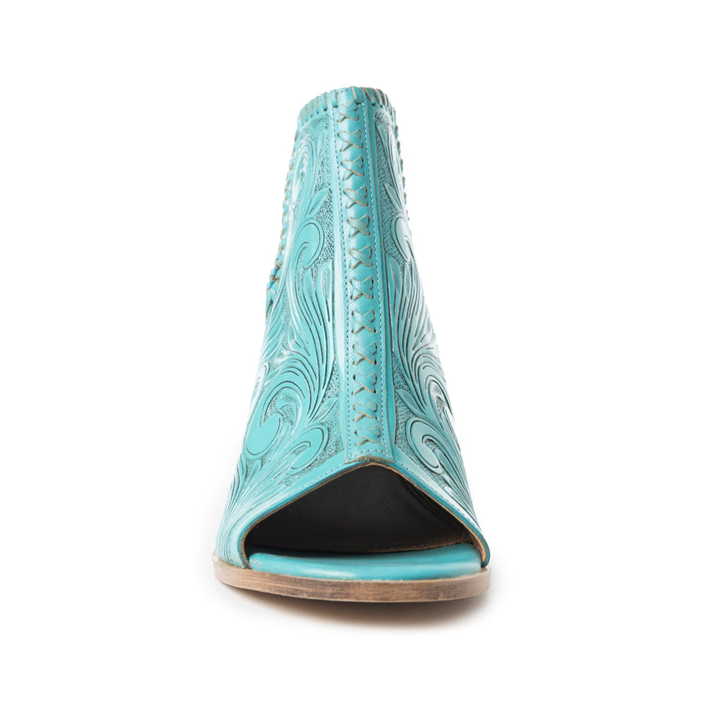 Myra Persimmonee Women's Handtooled Leather Peep-Toe Heels – Floral Embossed | Block Heel