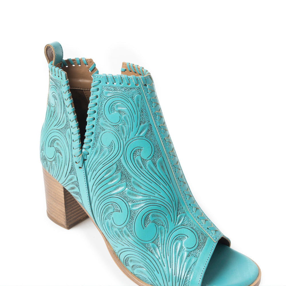 Myra Persimmonee Women's Handtooled Leather Peep-Toe Heels – Floral Embossed | Block Heel