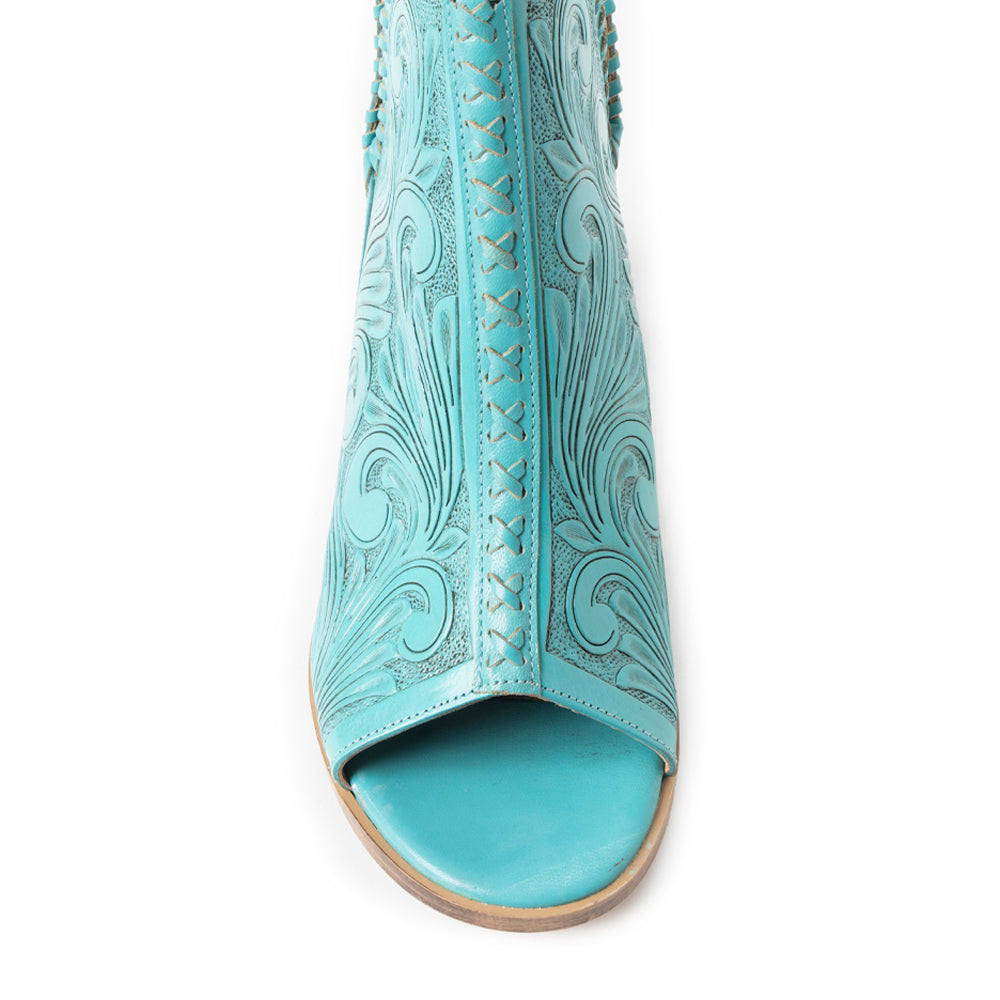 Myra Persimmonee Women's Handtooled Leather Peep-Toe Heels – Floral Embossed | Block Heel