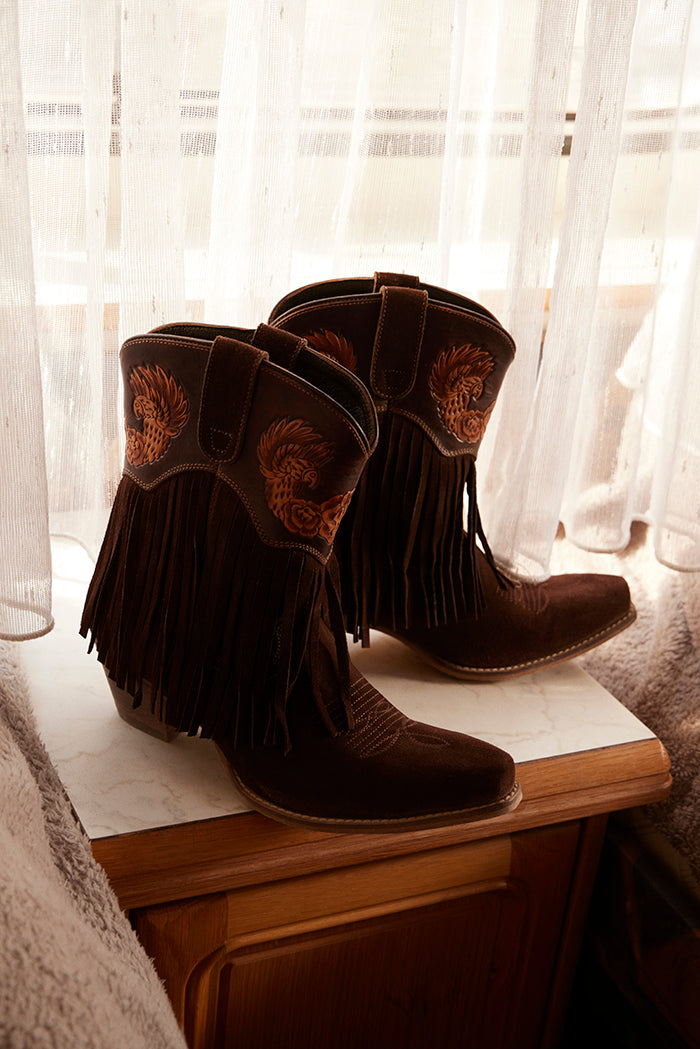 Phoenix Rising Fringe Western Booties | Myra Tawny Brown
