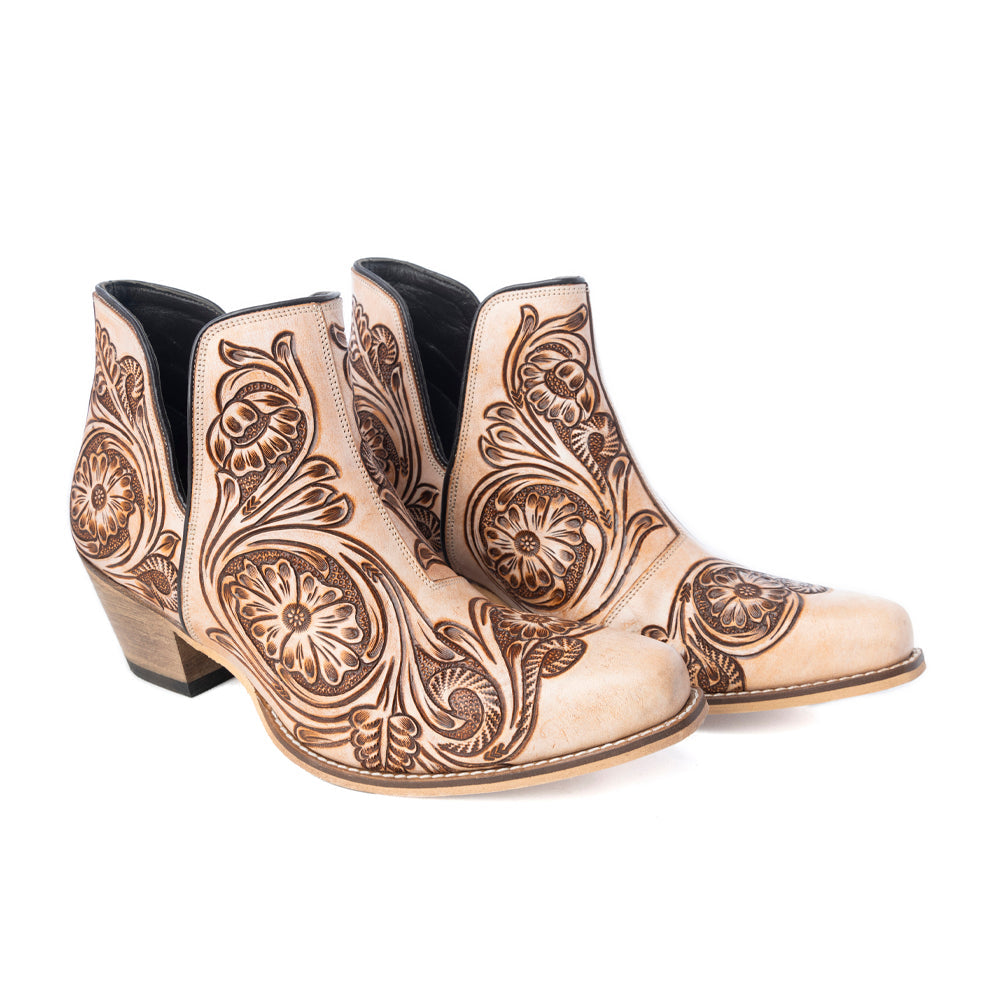 Myra Floral Heirloom Women's Western Booties – Cream Leather | Hand-Carved Floral | Bronze Detail