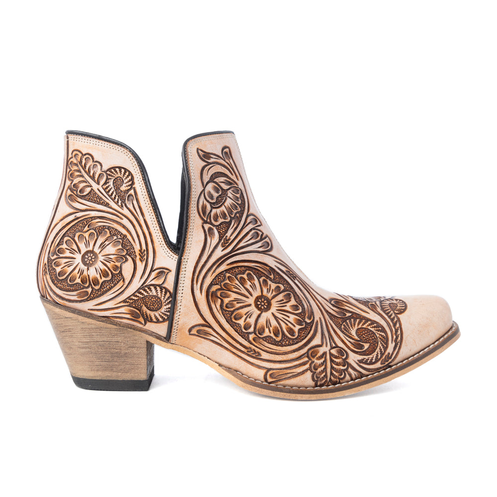 Myra Floral Heirloom Women's Western Booties – Cream Leather | Hand-Carved Floral | Bronze Detail