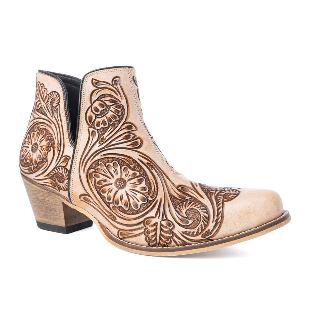 Myra Floral Heirloom Women's Western Booties – Cream Leather | Hand-Carved Floral | Bronze Detail