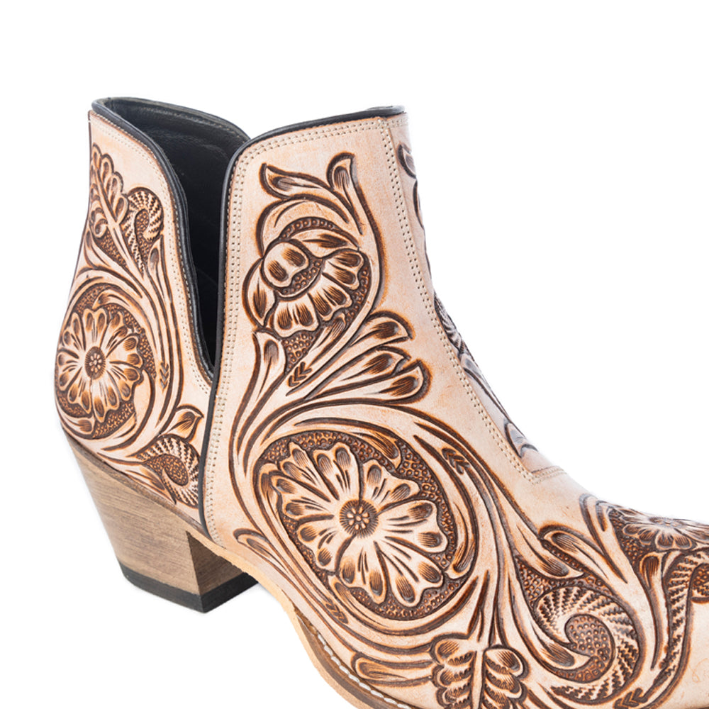 Myra Floral Heirloom Women's Western Booties – Cream Leather | Hand-Carved Floral | Bronze Detail