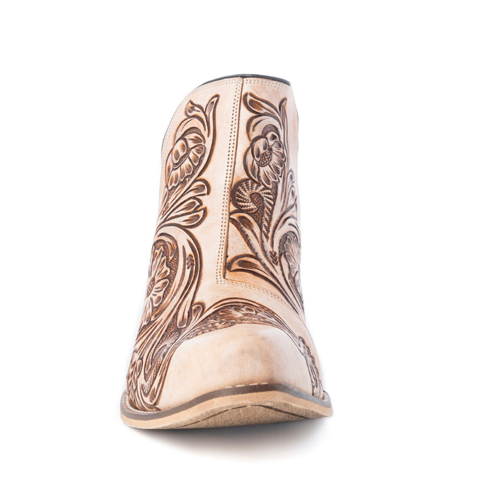 Myra Floral Heirloom Women's Western Booties – Cream Leather | Hand-Carved Floral | Bronze Detail