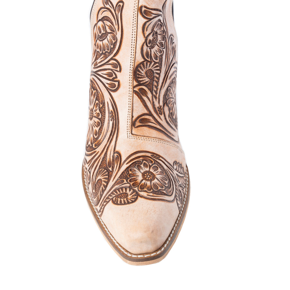 Myra Floral Heirloom Women's Western Booties – Cream Leather | Hand-Carved Floral | Bronze Detail