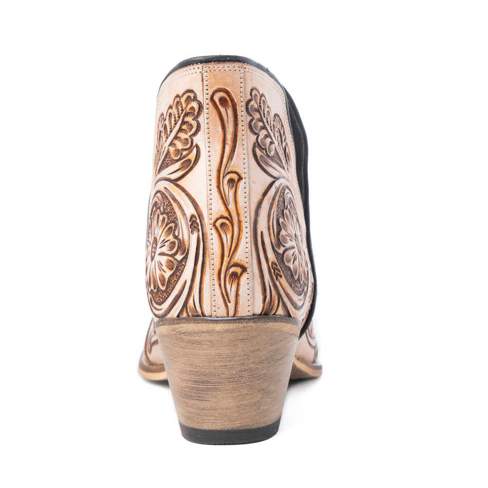 Myra Floral Heirloom Women's Western Booties – Cream Leather | Hand-Carved Floral | Bronze Detail