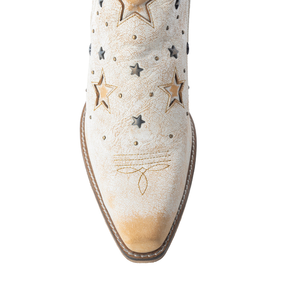 Myra Celestial Stardust Women's Western Booties – White Leather | Star Cutouts | Metallic Studs