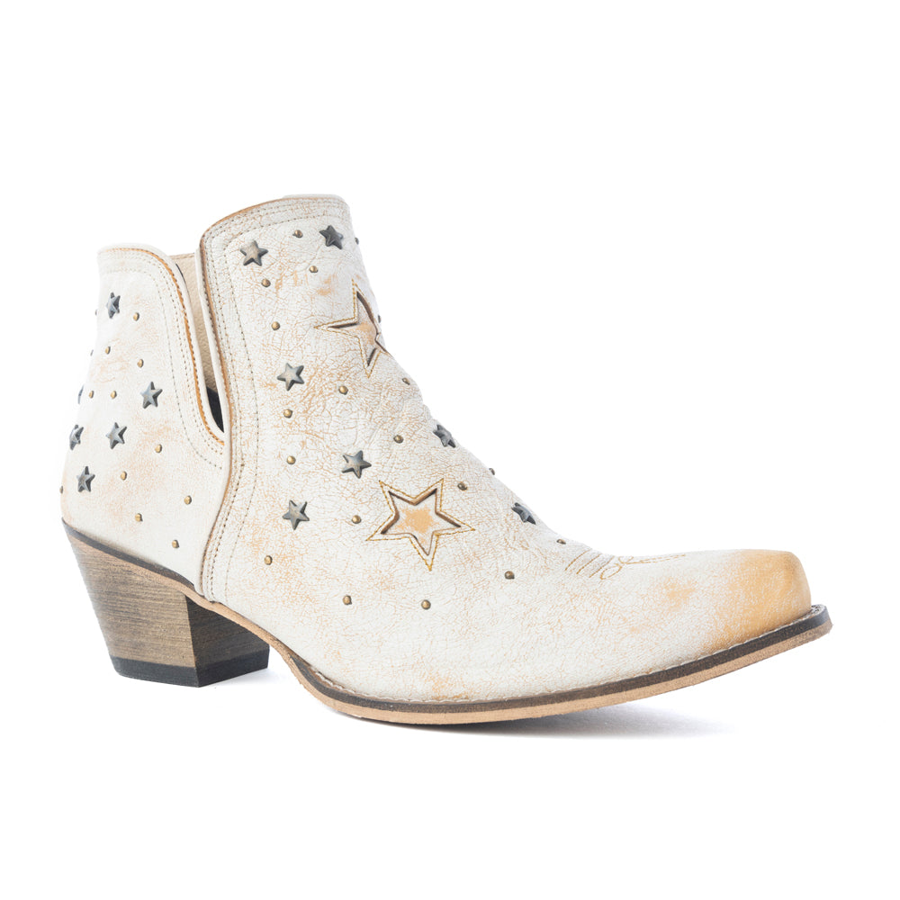Myra Celestial Stardust Women's Western Booties – White Leather | Star Cutouts | Metallic Studs
