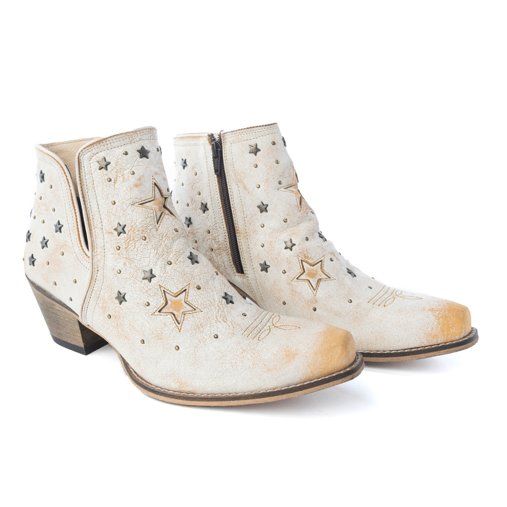 Myra Celestial Stardust Women's Western Booties – White Leather | Star Cutouts | Metallic Studs