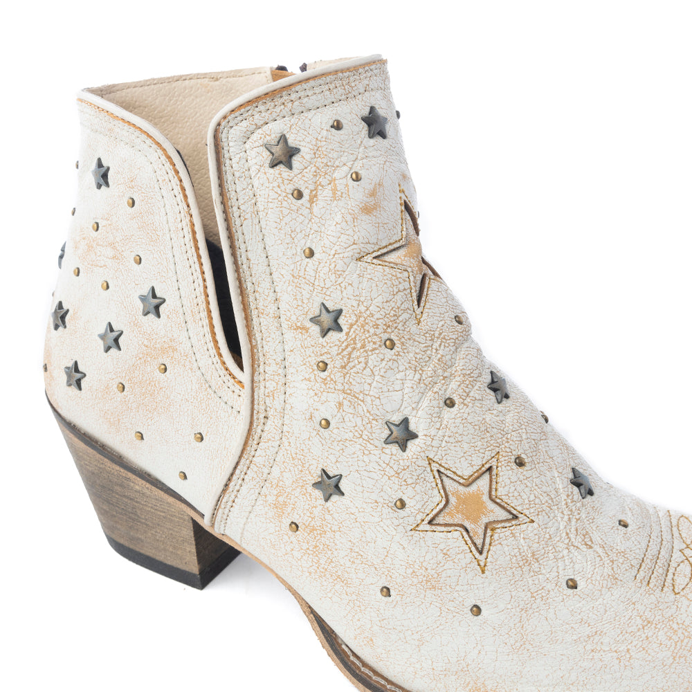Myra Celestial Stardust Women's Western Booties – White Leather | Star Cutouts | Metallic Studs