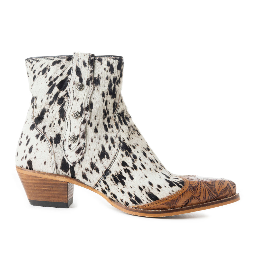 Myra Rocker Western Women's Booties – Hair-On Cowhide & Hand-Tooled Snip Toe