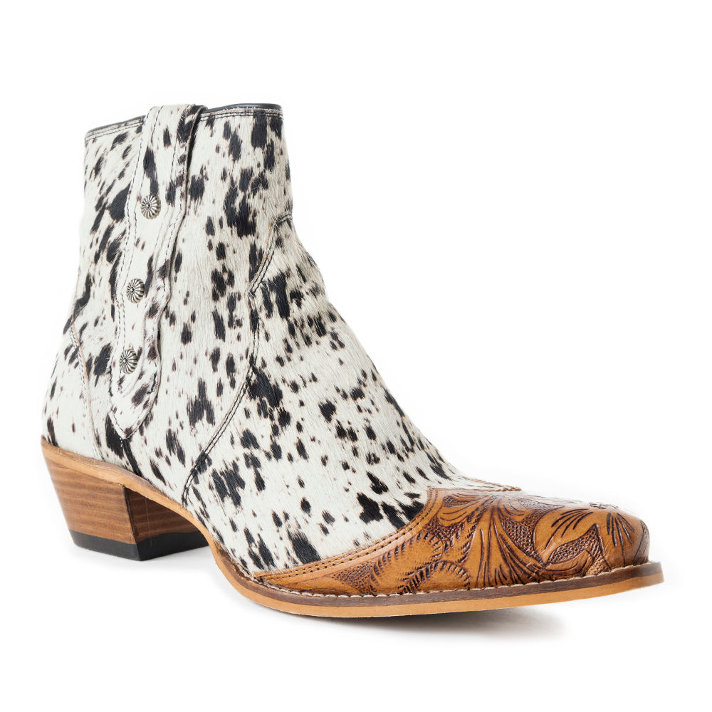 Myra Rocker Western Women's Booties – Hair-On Cowhide & Hand-Tooled Snip Toe