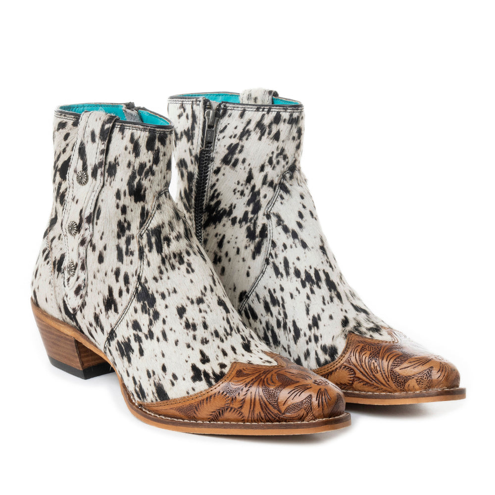 Myra Rocker Western Women's Booties – Hair-On Cowhide & Hand-Tooled Snip Toe