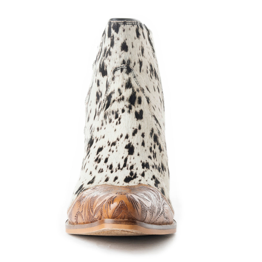 Myra Rocker Western Women's Booties – Hair-On Cowhide & Hand-Tooled Snip Toe