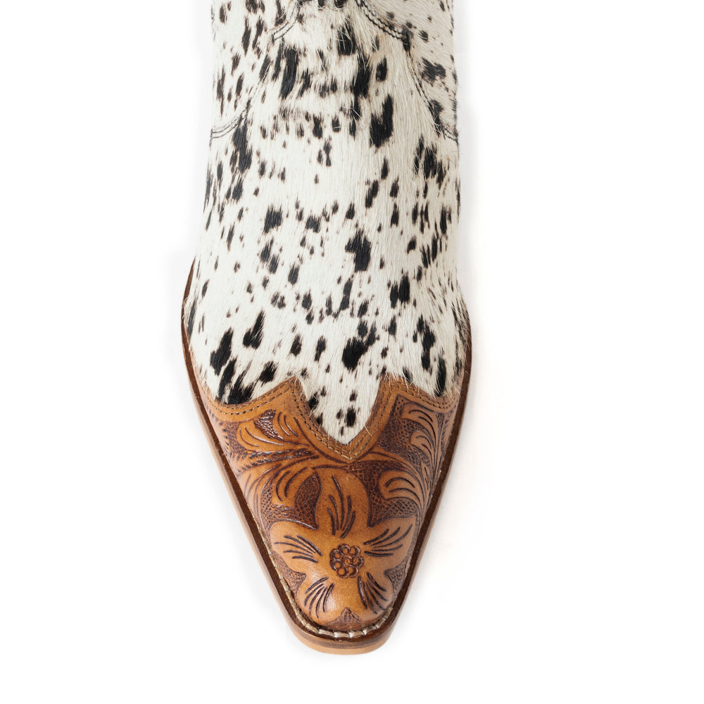 Myra Rocker Western Women's Booties – Hair-On Cowhide & Hand-Tooled Snip Toe