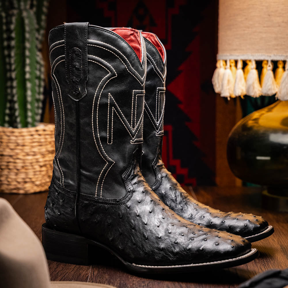 Marco Di Milano Alabama Men's Exotic Cowboy Boots – Full-Quill Ostrich | Black Square Toe