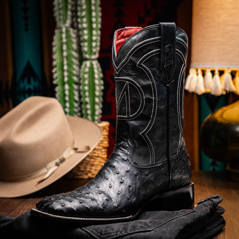 Marco Di Milano Alabama Men's Exotic Cowboy Boots – Full-Quill Ostrich | Black Square Toe